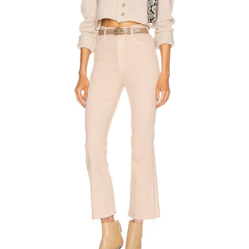 MOTHER The Hustler Ankle Fray Khaki Wash Denim Distressed Cropped Skinny Jeans